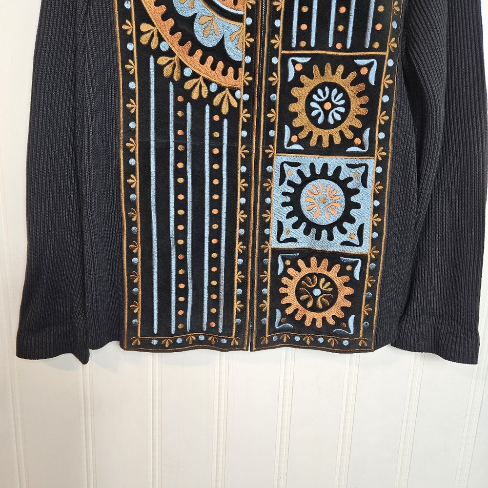 Bob Mackie Wearable Art Embroidered Black Suede Leather Full-Zip Jacket Womens M - Picture 5 of 16